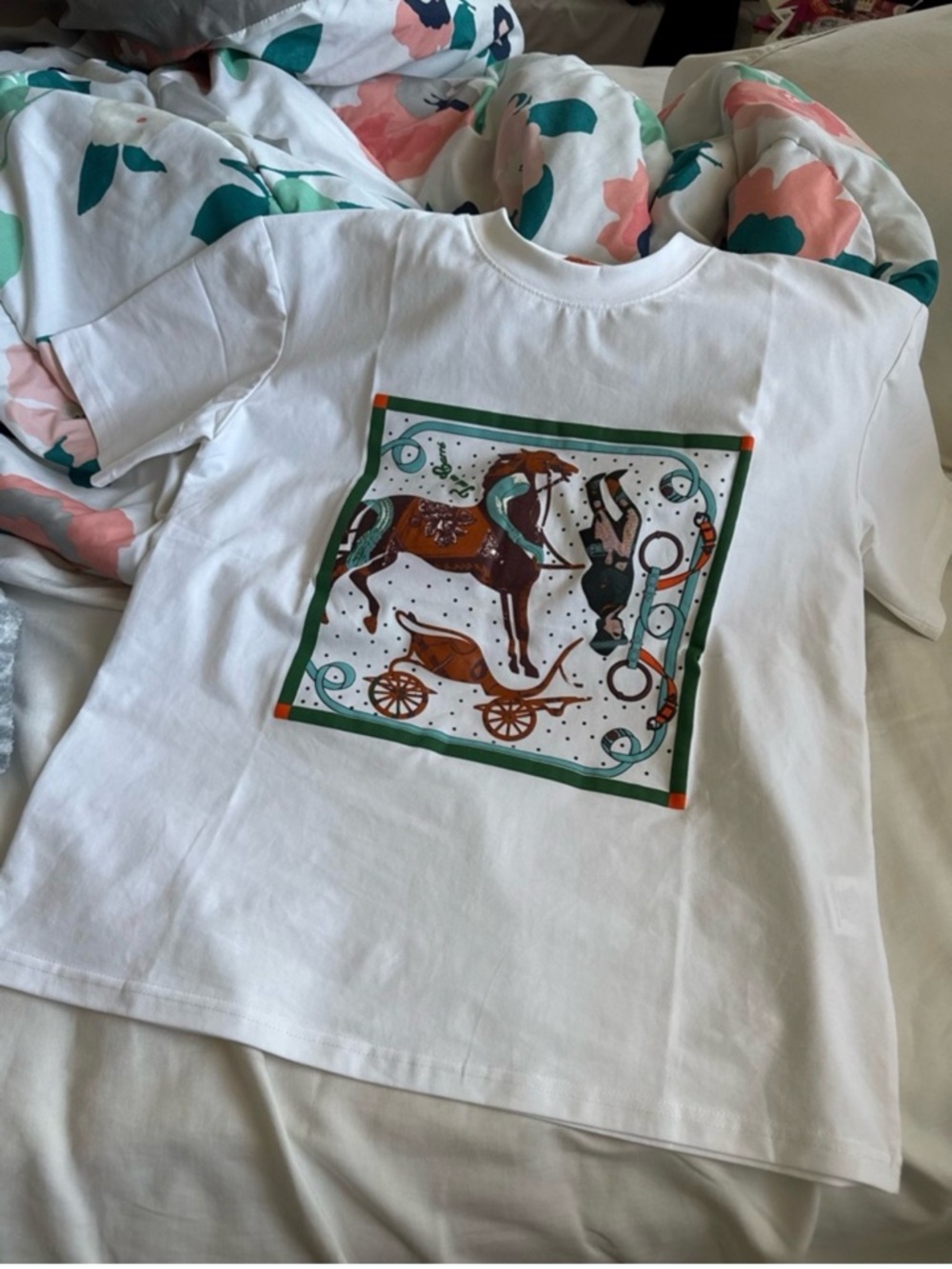 Hermes White Graphic Tee with Horse & Carriage Design